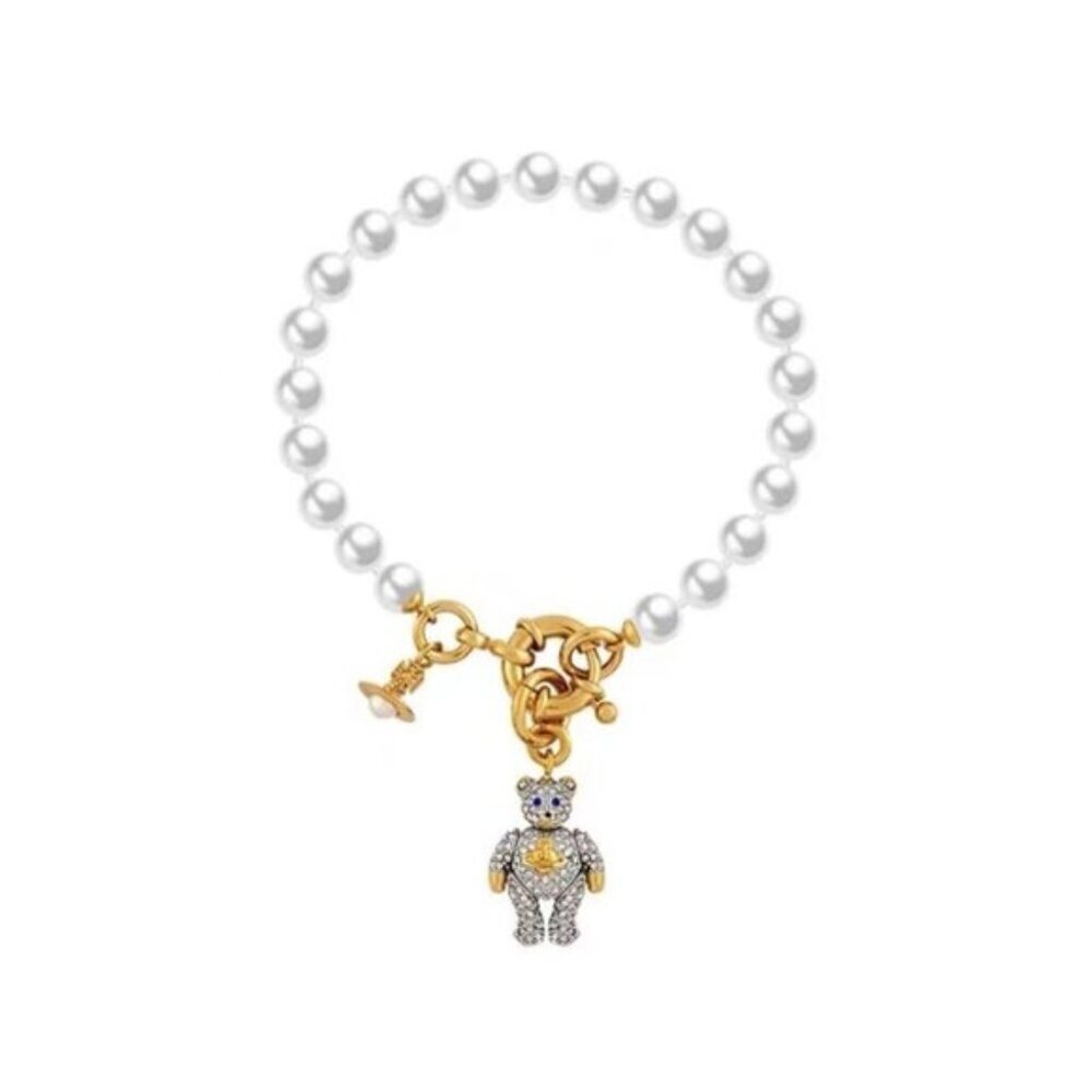 Vivienne Westwood Pearl Bear Bracelet Orb Charm Gold Tone Designer Jewelry